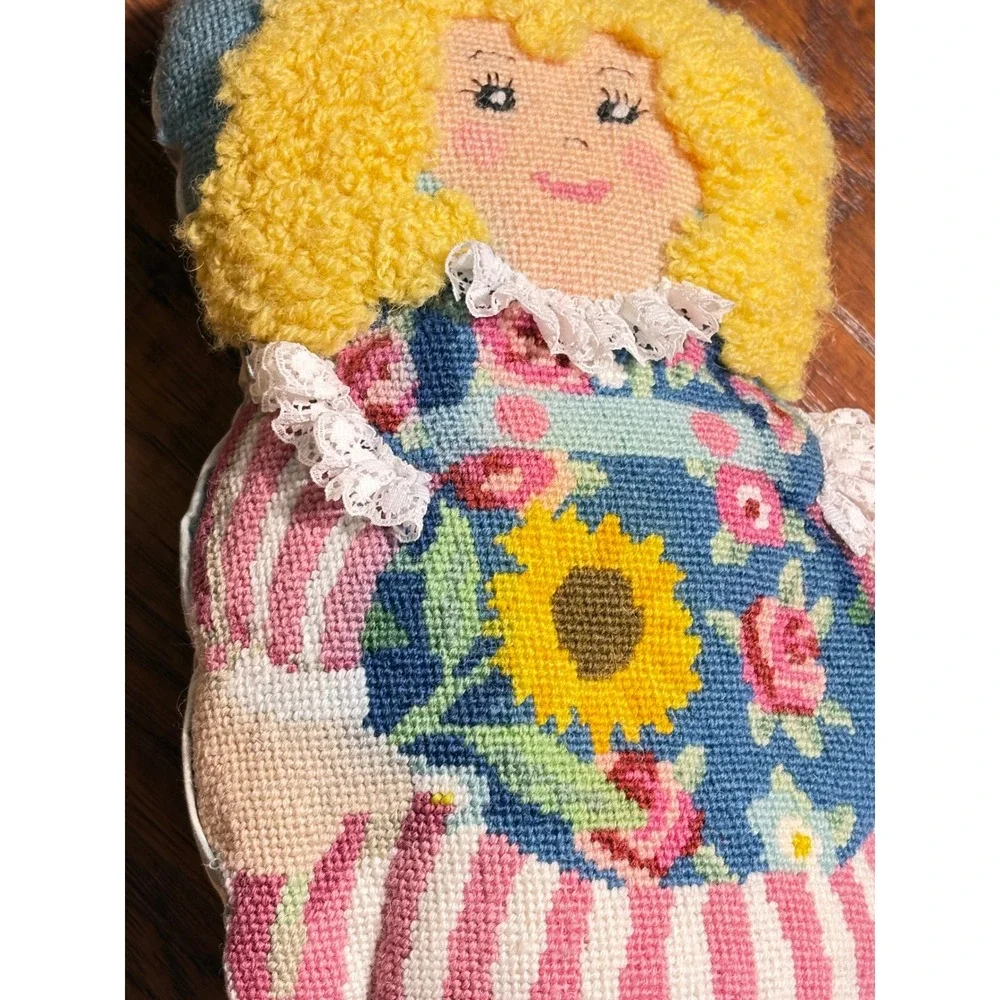 Vintage Handmade Needlepoint Doll Pillow Sunflower Girl Lace Ticking Stripe 13